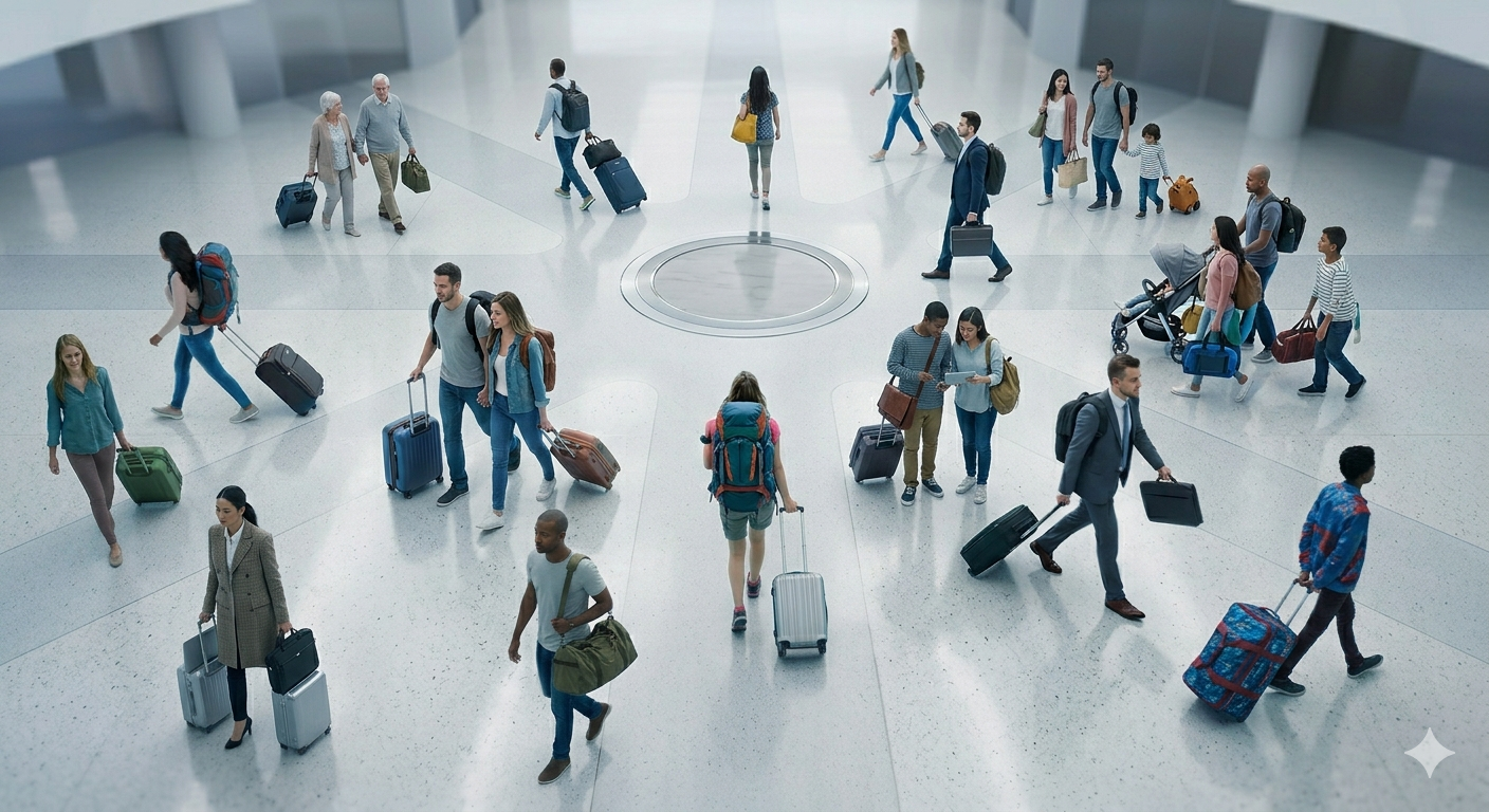 Travelers in a city plaza